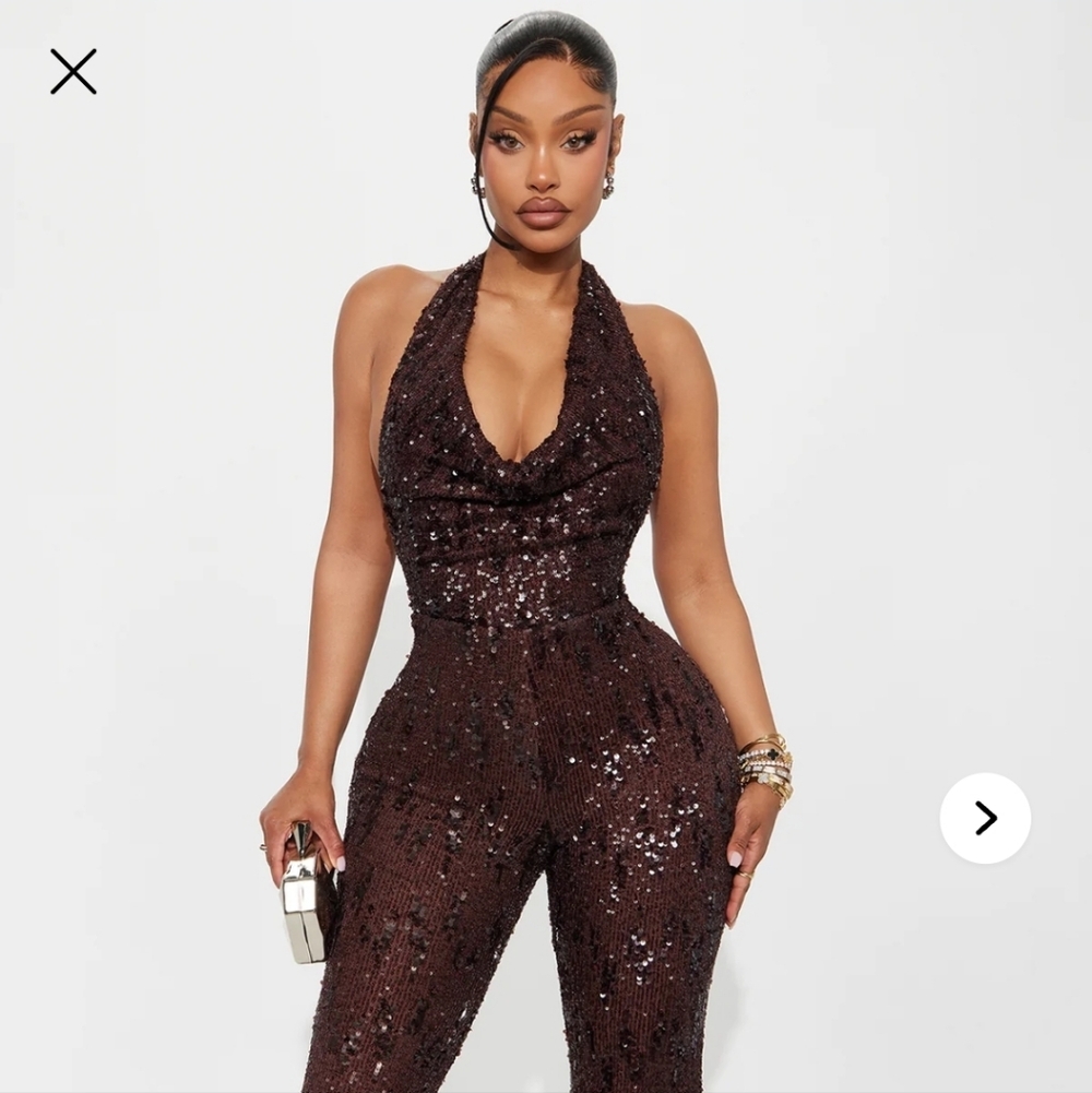 ASTRID Backless Sequin Halter Jumpsuit, Chocolate *SOLD OUT*